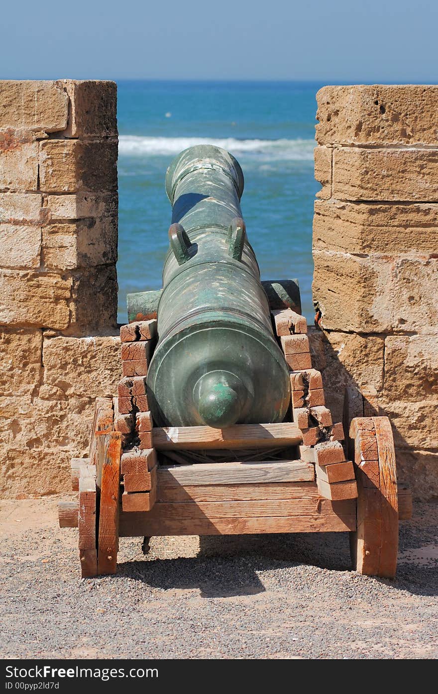 Morocco, Essaouira:in a fortress a very old cannon point to the blue sea. Morocco, Essaouira:in a fortress a very old cannon point to the blue sea