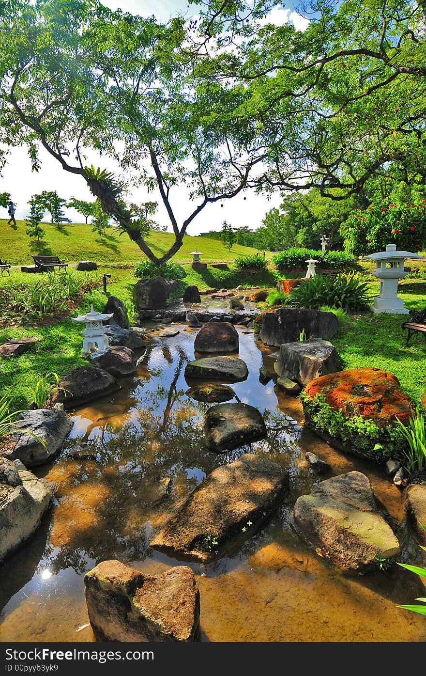 A small lake with many rocks peppered in its path. A small lake with many rocks peppered in its path.