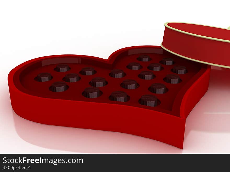 Opened heart shaped box on white background