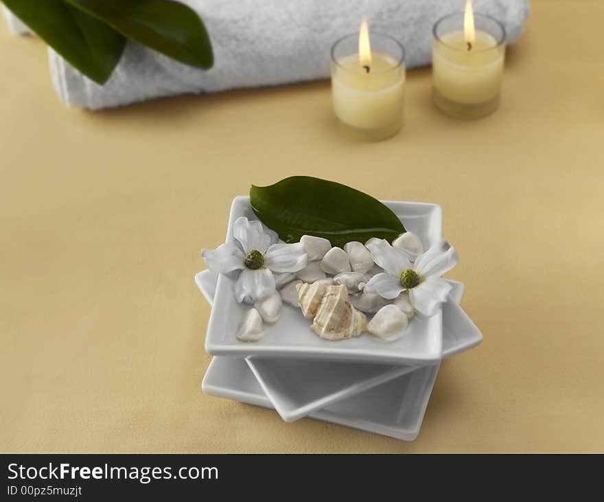 Candles, towels and spa stones. Candles, towels and spa stones