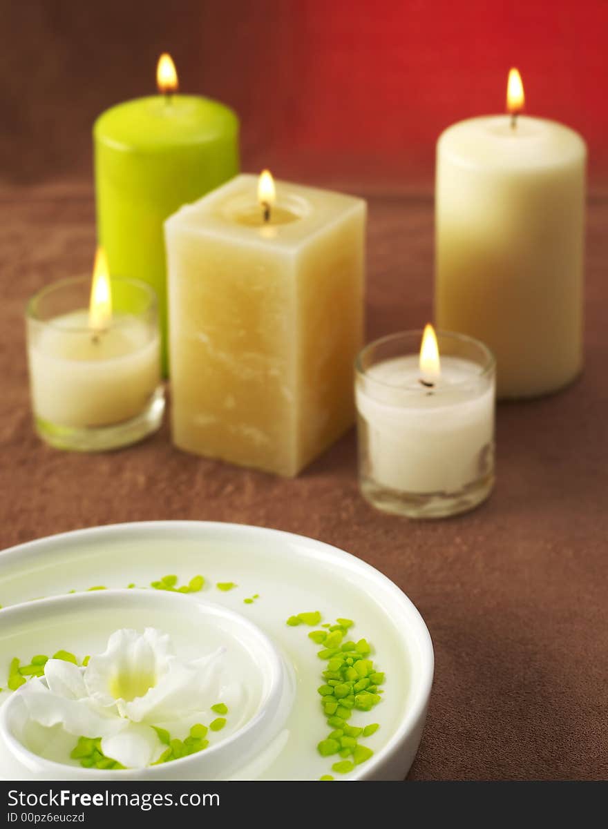 Candles, towels and spa stones. Candles, towels and spa stones