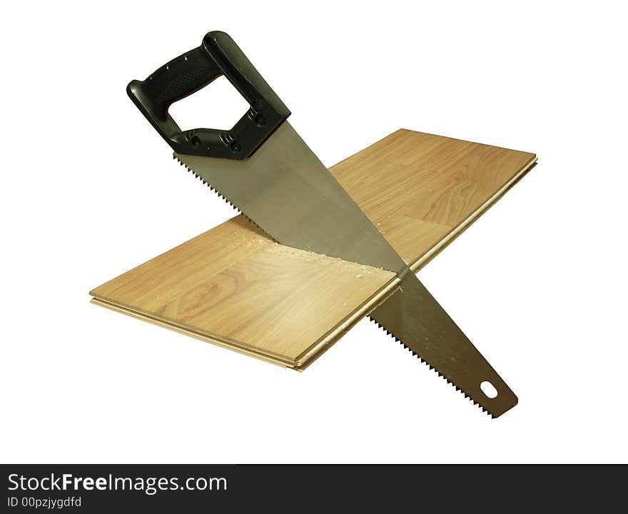 Steel hacksaw in sawed wooden board. Steel hacksaw in sawed wooden board