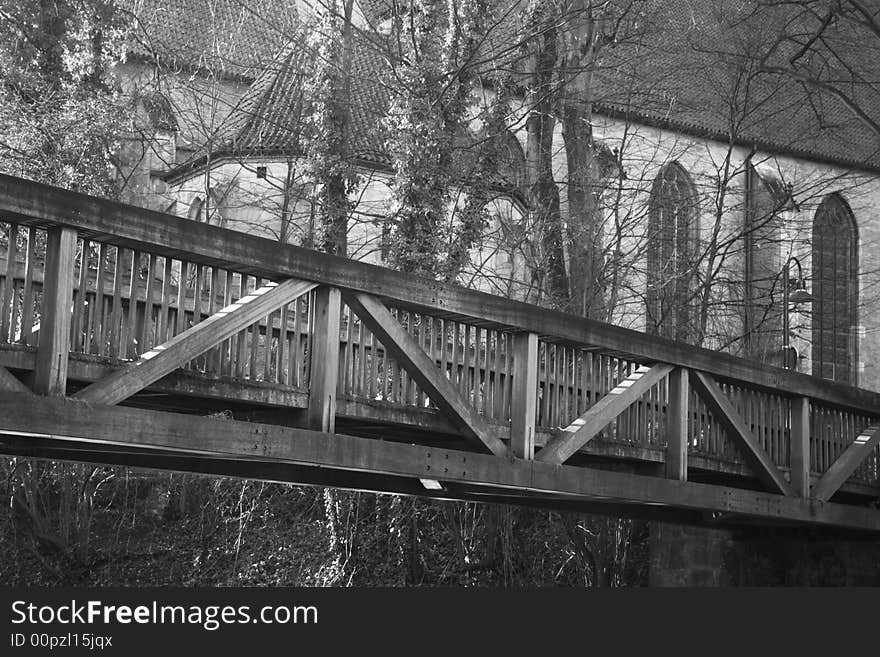 Bridge and church, black and white