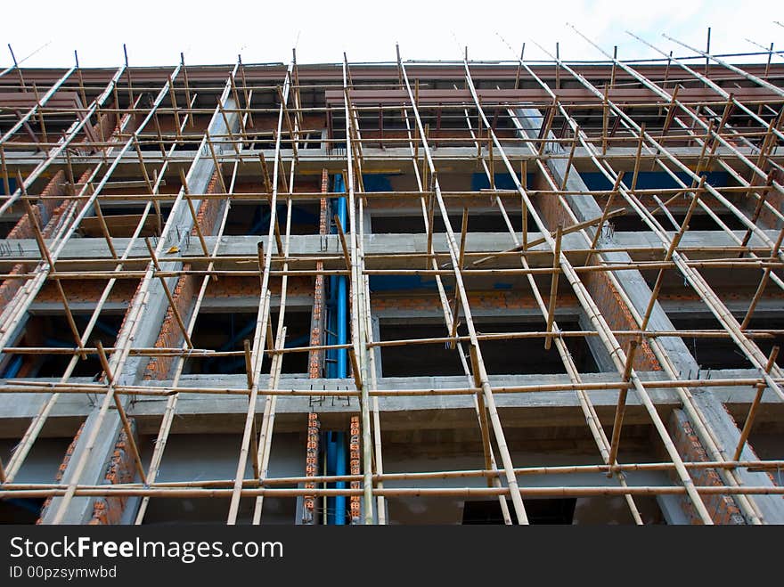 Asian style scaffolding in a construction yard