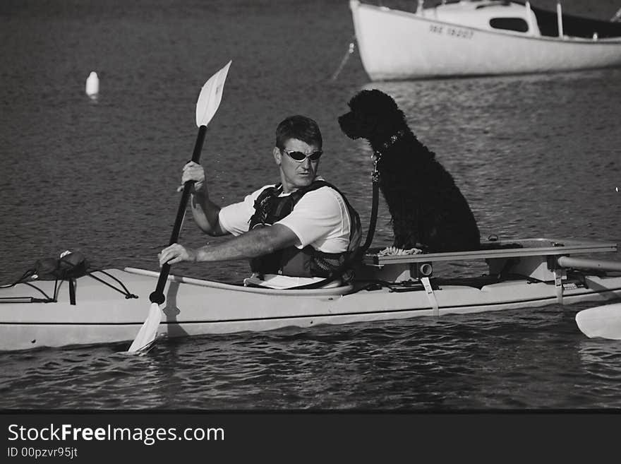 Portuguese Water Dog and crew mate kayaking the shores of Georgian Bay, Ontario on a special outrigger designed for added carrying capacity