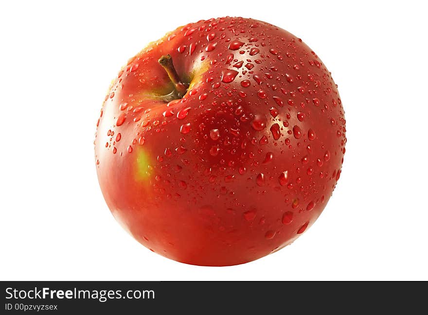 Red apple with water drops. Over white background