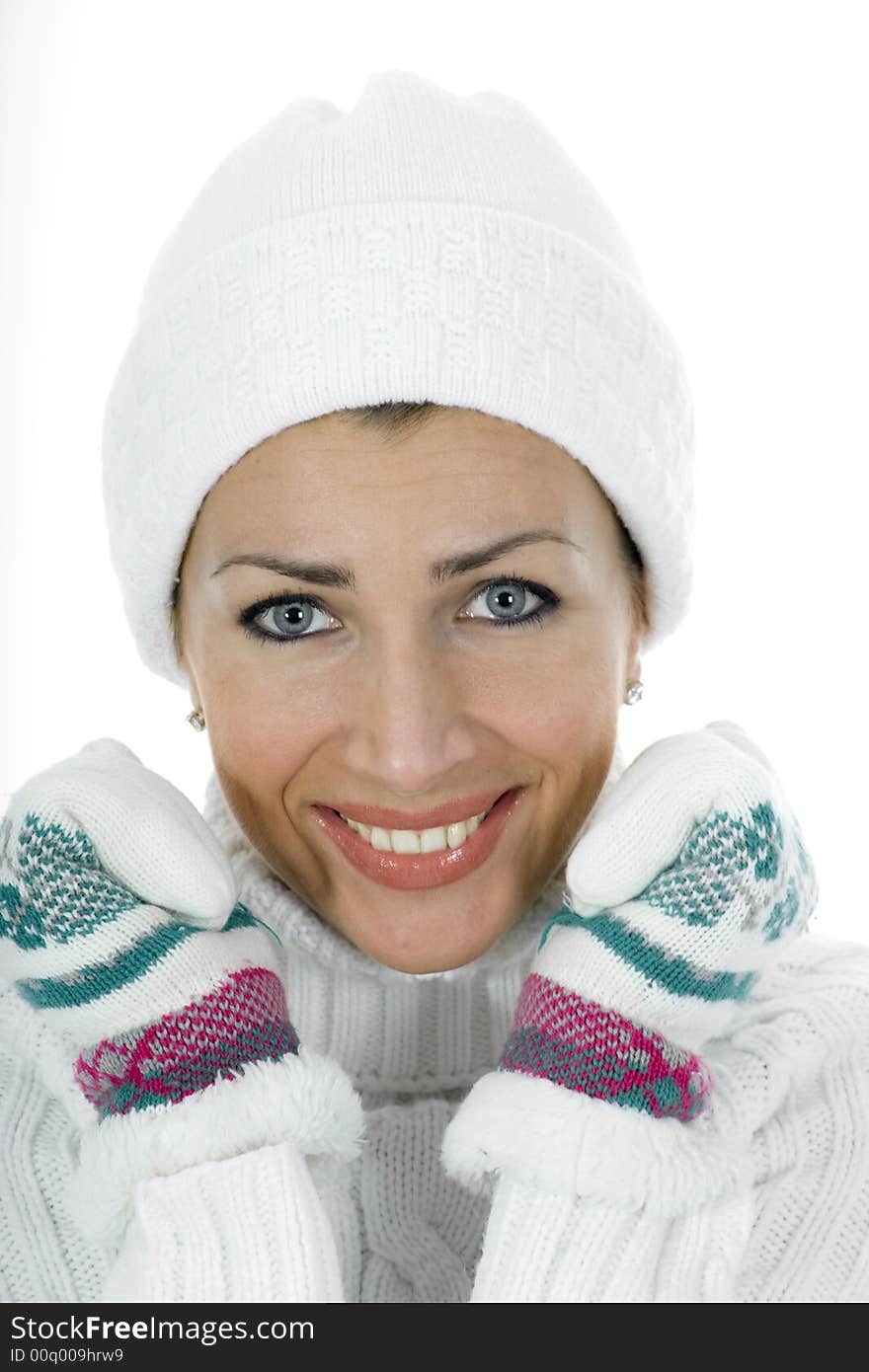 Beautiful woman in white sweater on insulated background