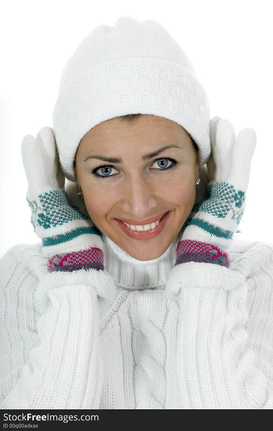 Beautiful woman in white sweater on insulated background