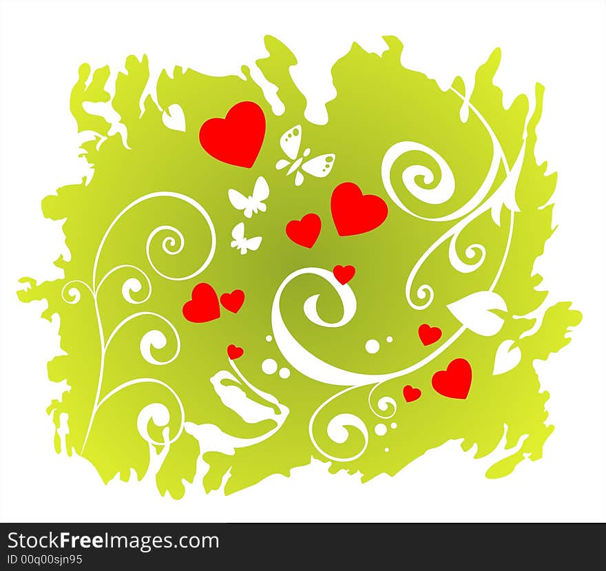 White romantic vegetative curls and hearts on a green grunge background. White romantic vegetative curls and hearts on a green grunge background.