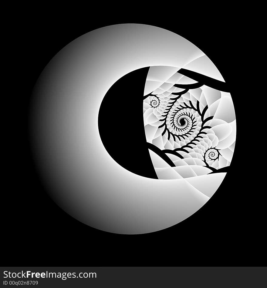 A circular minimalist fractal hanging in space that is done in black and white. A circular minimalist fractal hanging in space that is done in black and white.