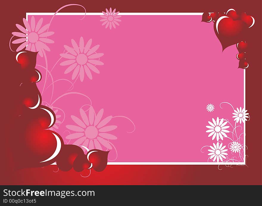 Floral valentine postcard with red frame and pink background. Floral valentine postcard with red frame and pink background