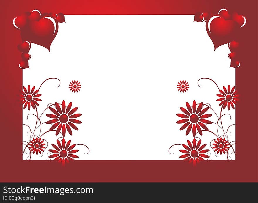 Valentine floral postcard frame with red hearts. Valentine floral postcard frame with red hearts