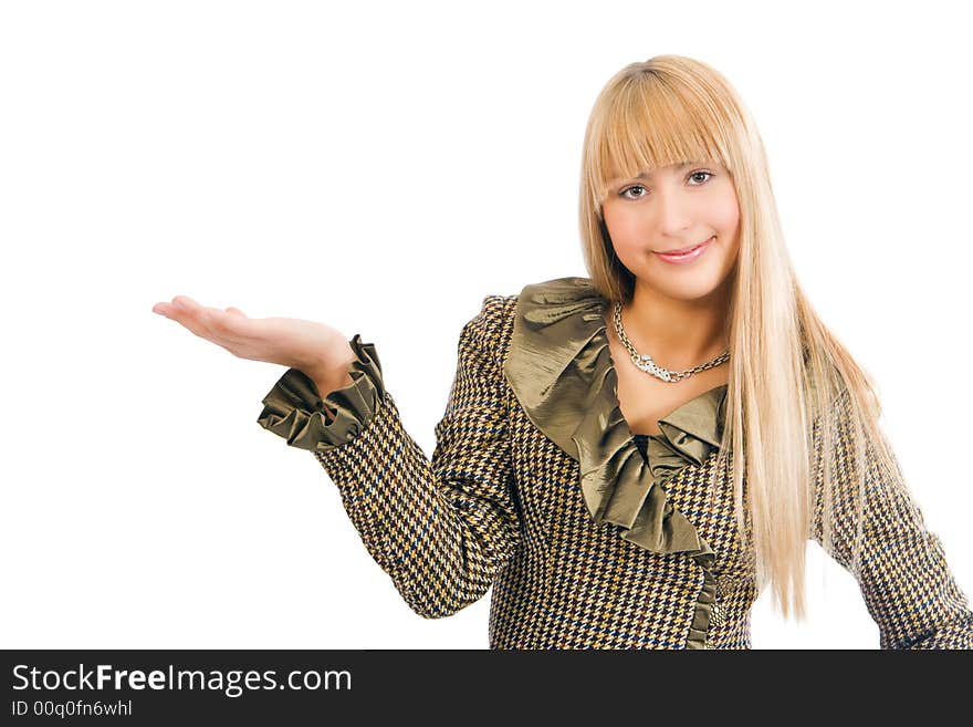 Business woman with hand palm up