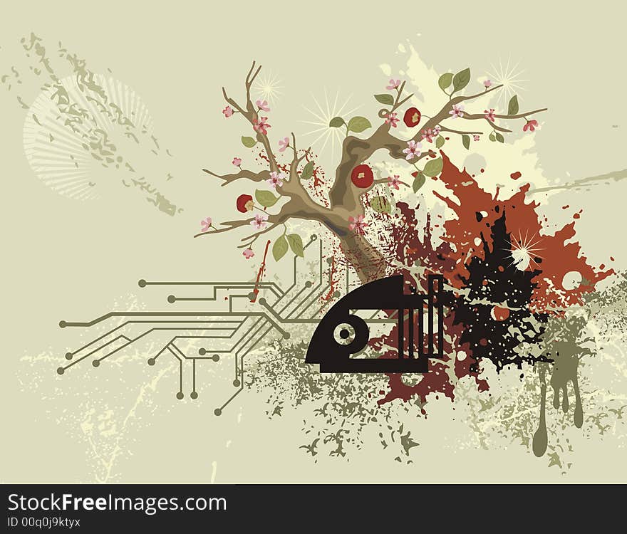 Abstract floral background with grunge and circuit details, vector illustration series. Abstract floral background with grunge and circuit details, vector illustration series.