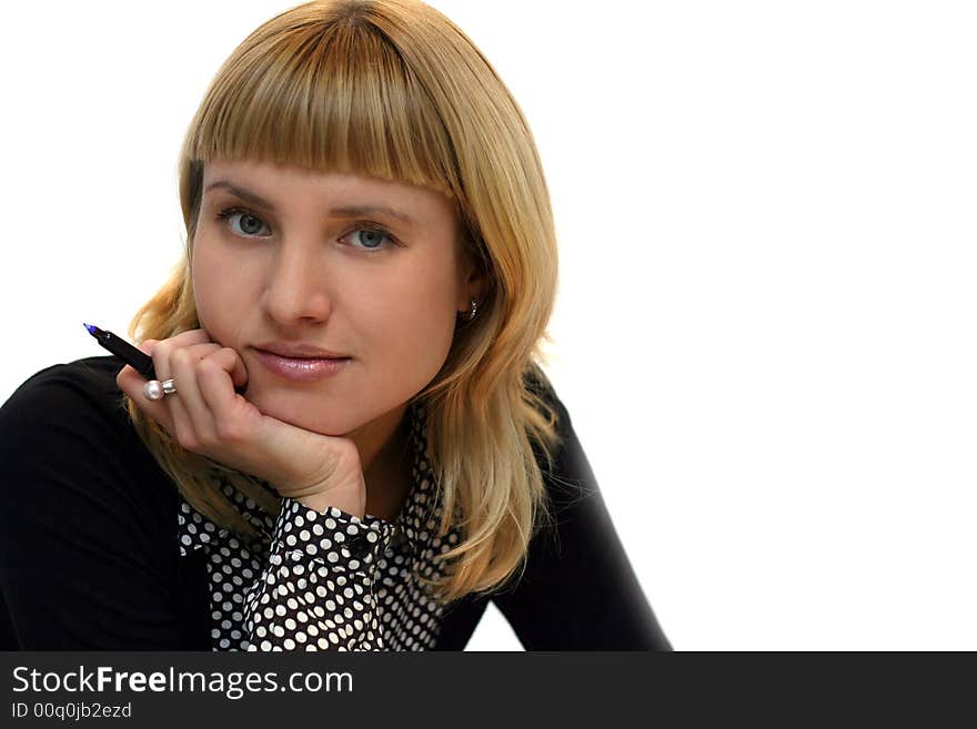 Young woman with pen in office. Young woman with pen in office