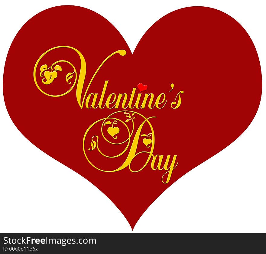 The golden lettering Valentine's Day with decorative elements on a red heart