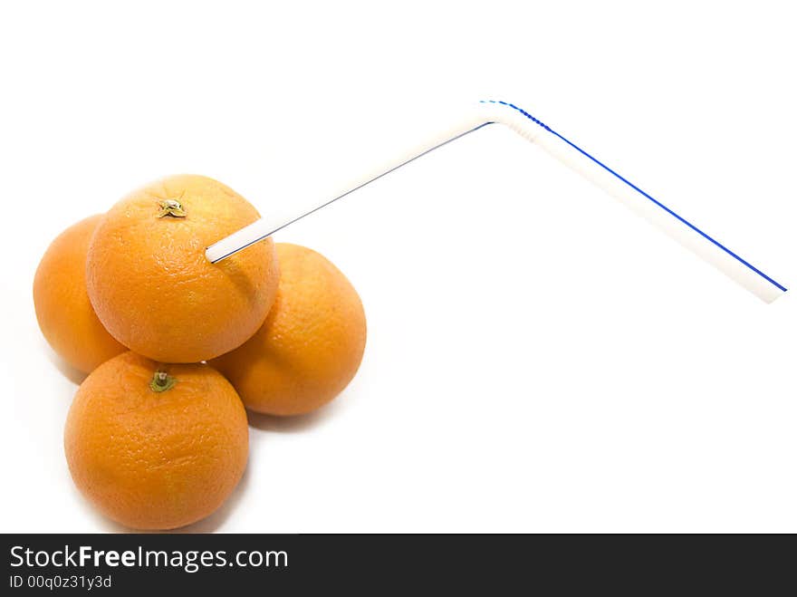 Three citrus fruit, fresh oranges with drinking Straw, isolated over white. Three citrus fruit, fresh oranges with drinking Straw, isolated over white