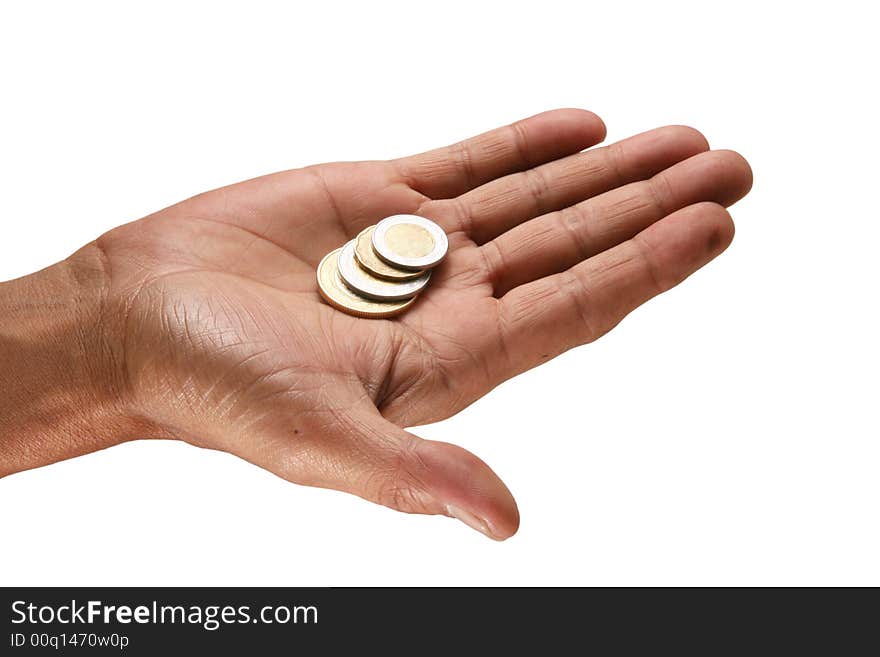 Hand with some coins and white background. Hand with some coins and white background