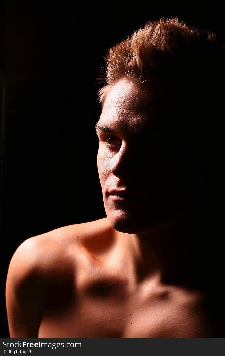 Profile of a young muscular man staring into the camera in color