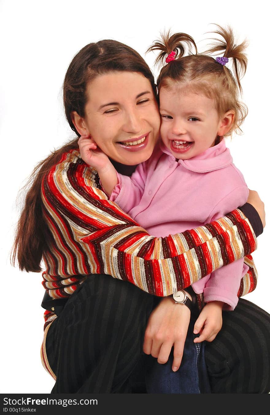 Daughter and mother on white background