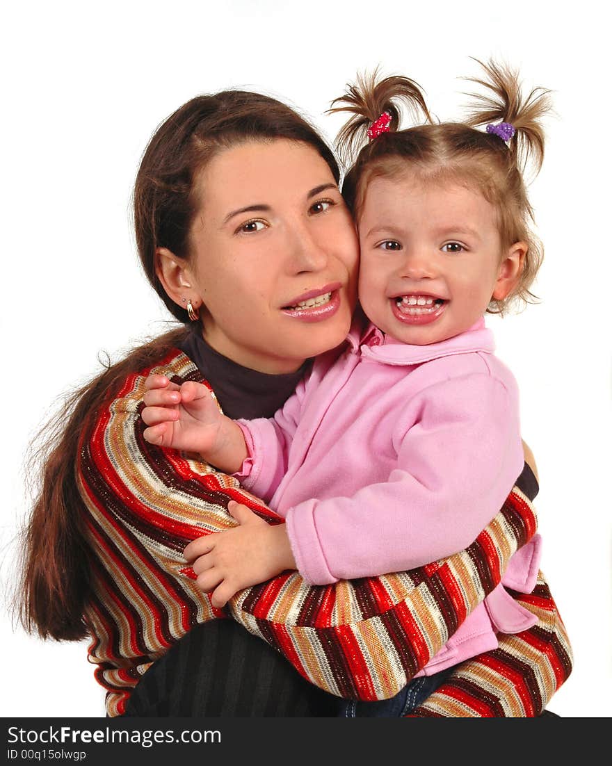 Daughter and mother on white background