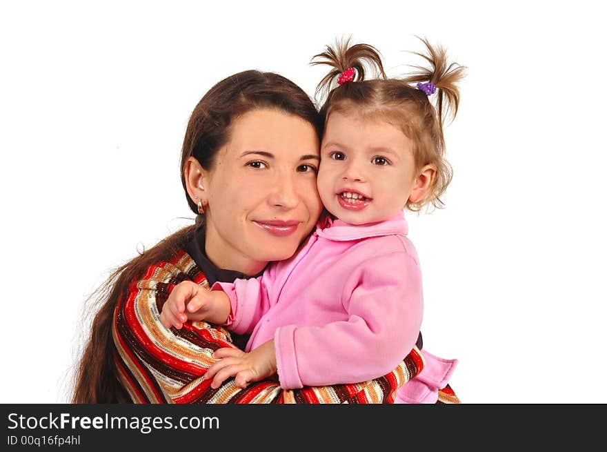 Daughter and mother on white background