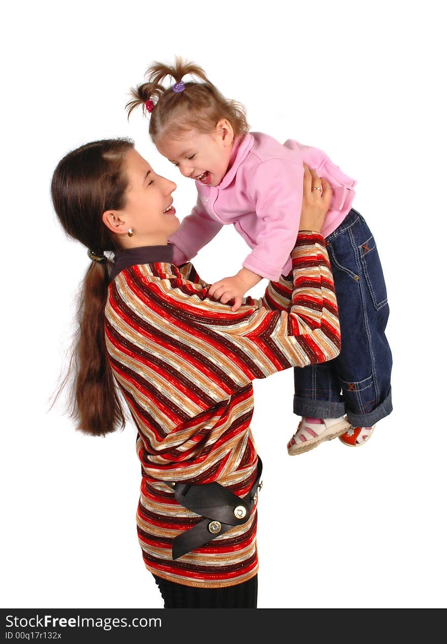 Daughter and mother on white background