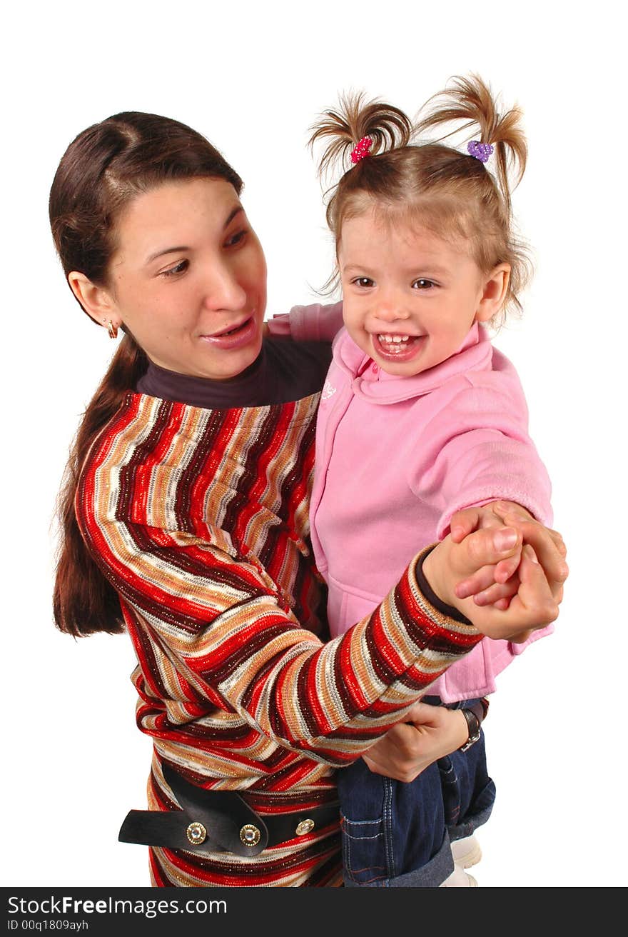 Daughter and mother on white background