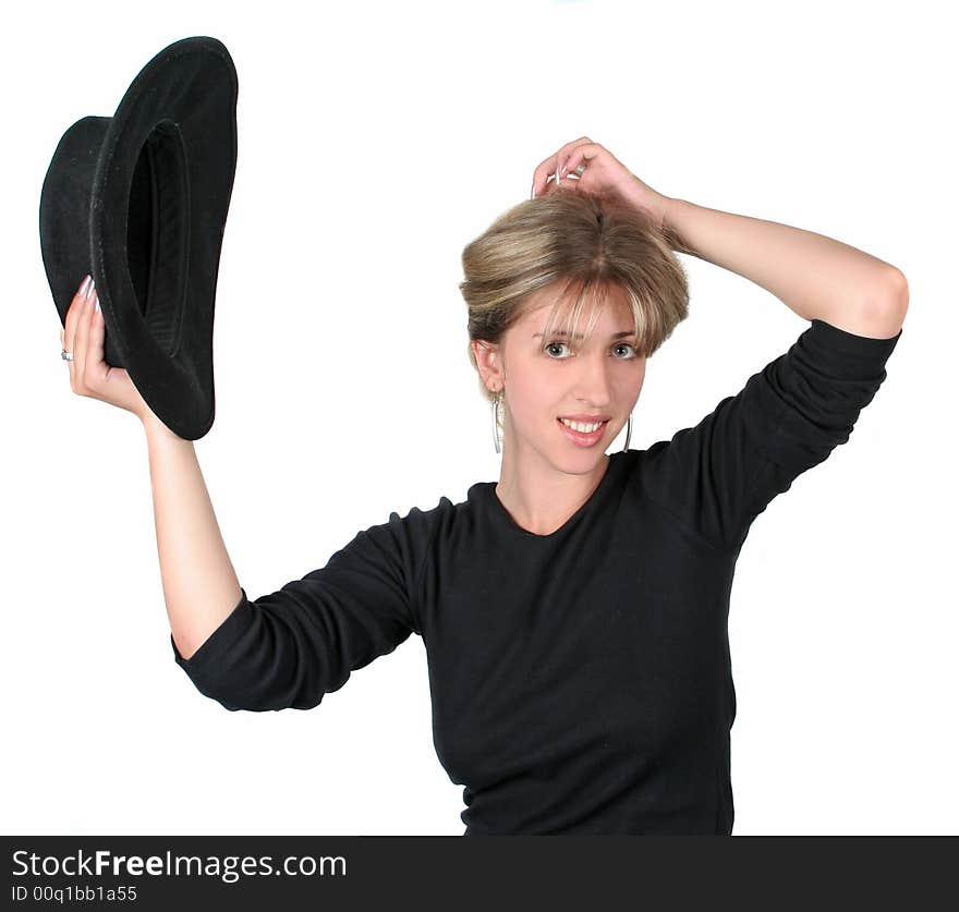 Beauty blonde girl with black hat on white background