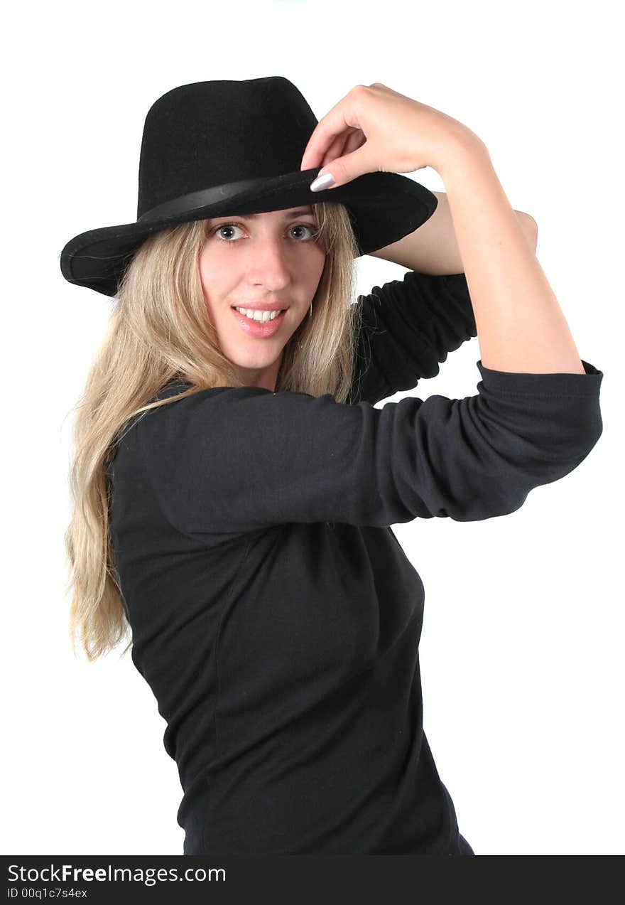 Beauty blonde girl with black hat on white background