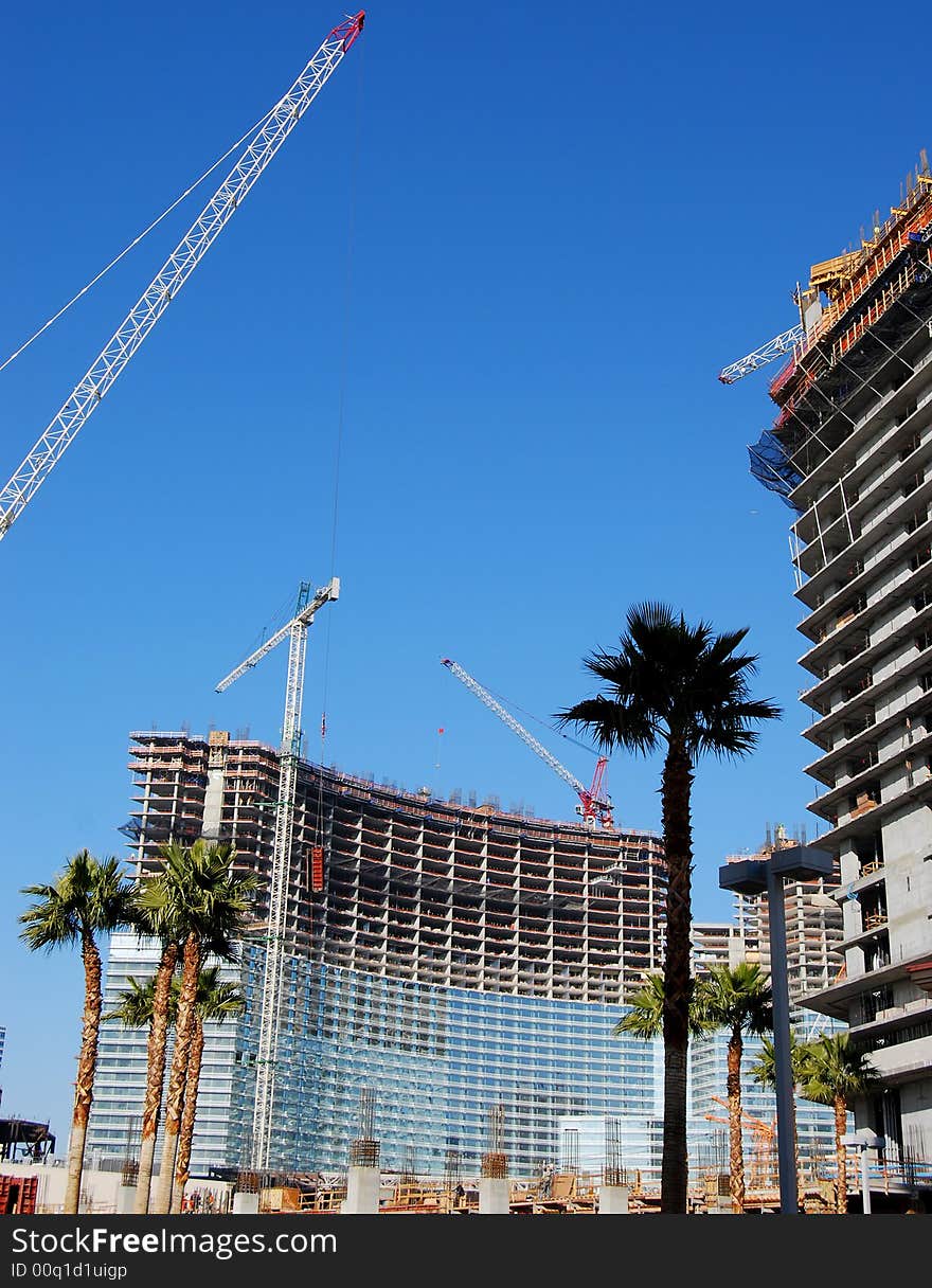 Over view of condominium / hotel construction site with palms. Over view of condominium / hotel construction site with palms