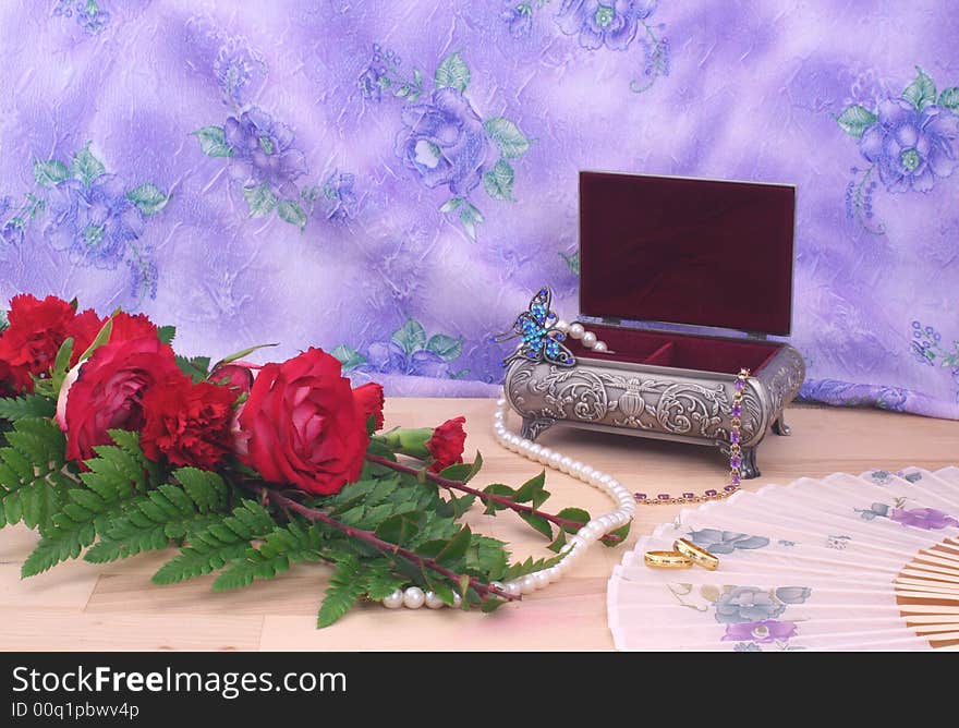 Roses With Wedding Rings and Jewelry Box. Roses With Wedding Rings and Jewelry Box