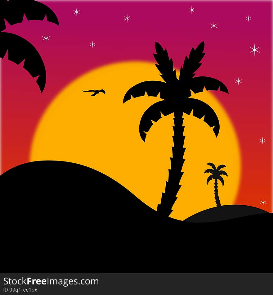 Summer scene with palm trees and sun