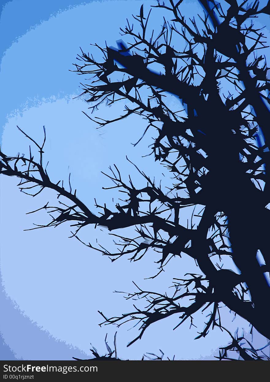 Illustration of a blue tree in the moonlight