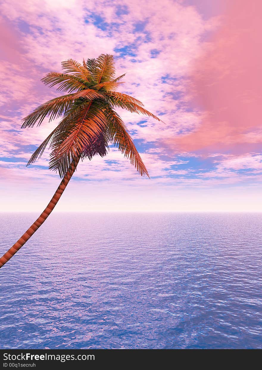 Coconut palm and blue sky with clouds - 3D scene.