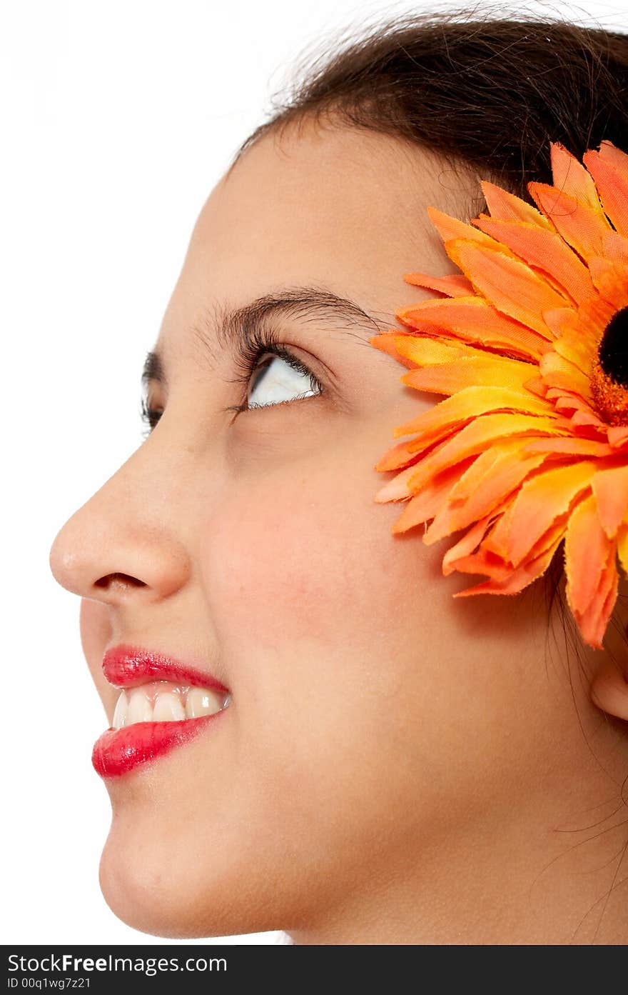 Lady with flower on her ear - looking up