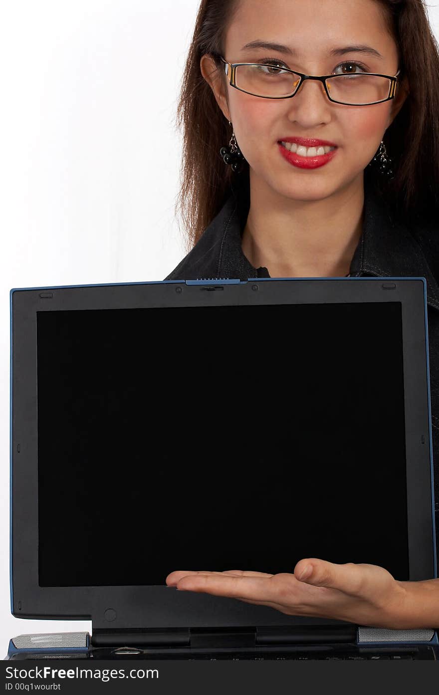 Businesswoman showing her laptop - blank space to put message