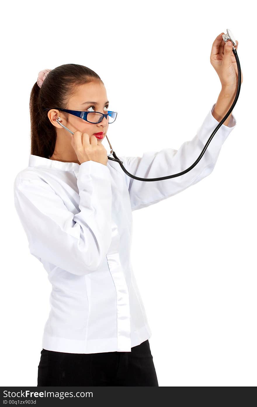 Female doctor holding a stethoscope standing on white background