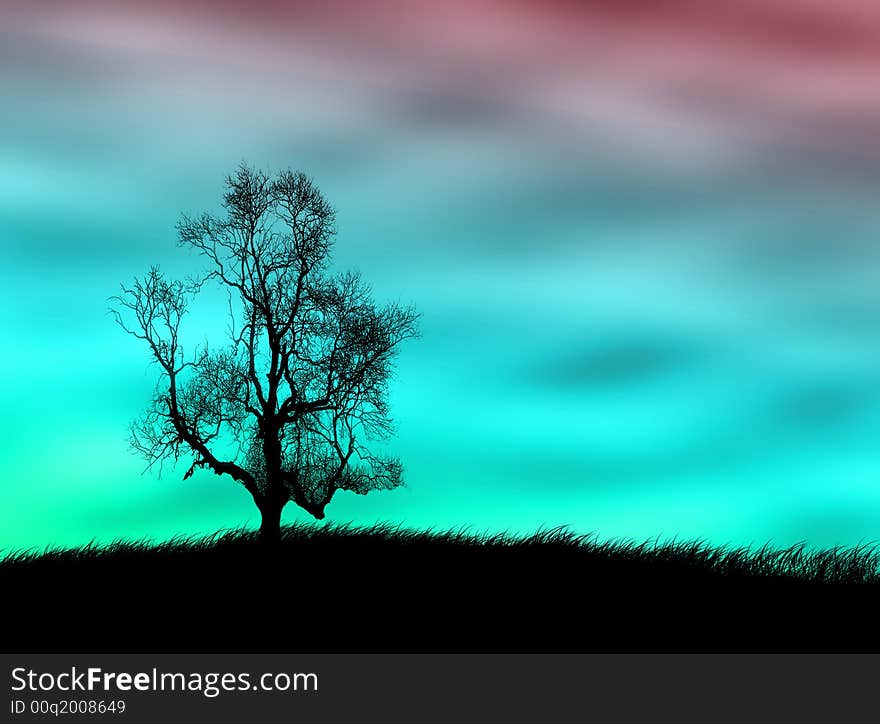 Tree silhouette on the field against a sunset sky. Tree silhouette on the field against a sunset sky