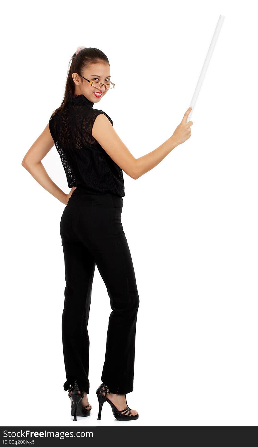 Female instructor holding a stick pointing on white background