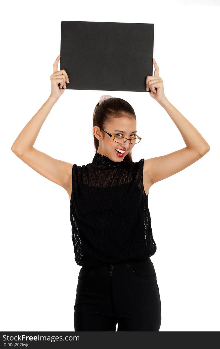 Young secretary holding a black blank card. Young secretary holding a black blank card