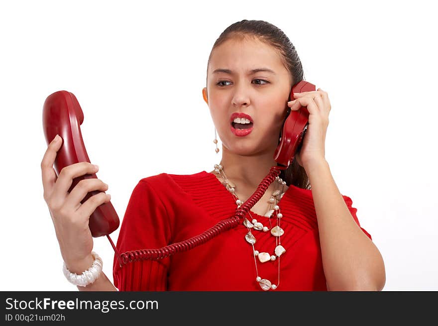 Woman on the phone on a white background. Woman on the phone on a white background