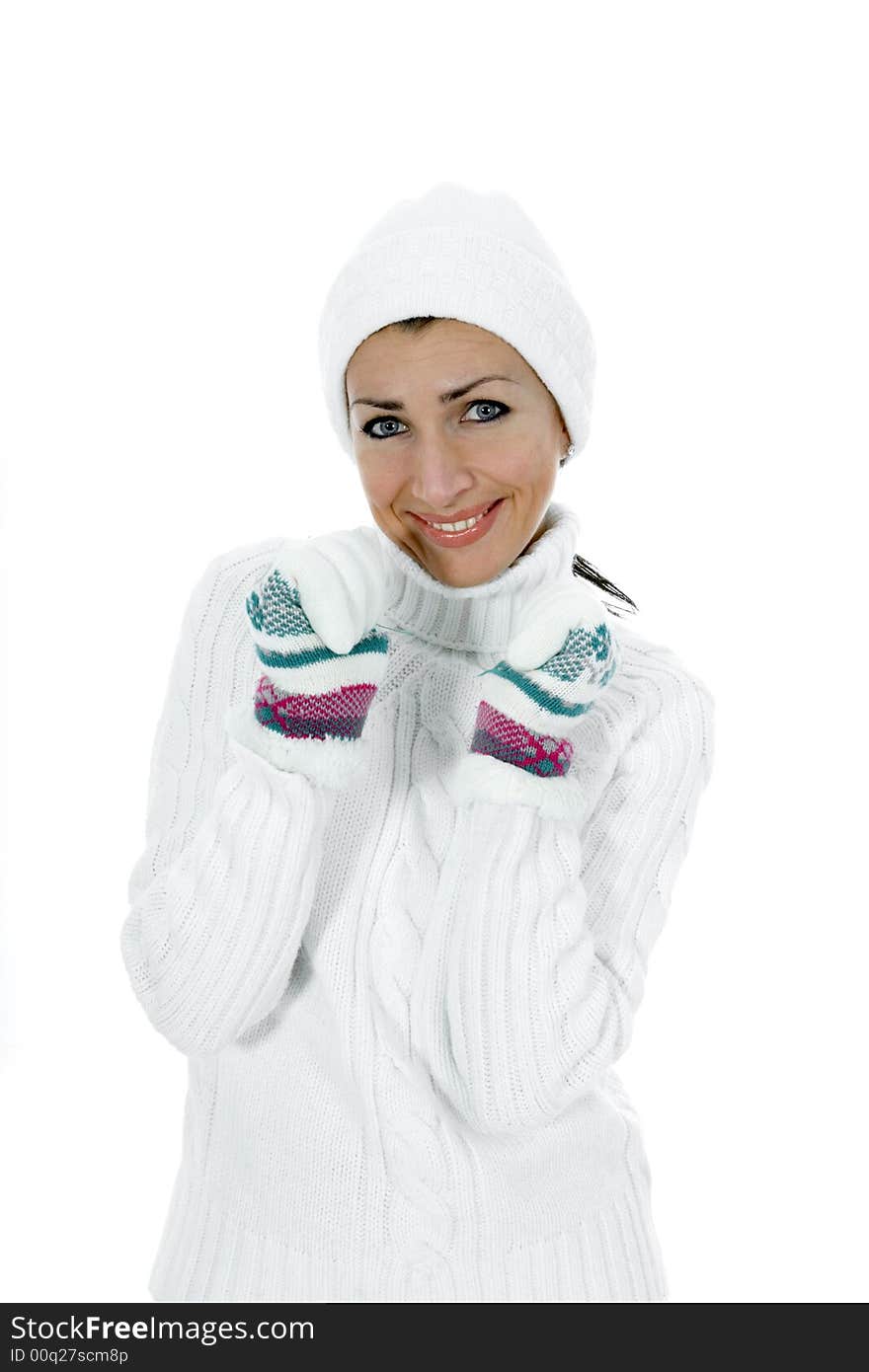 Beautiful woman in white sweater on insulated background