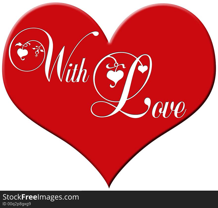 Red plastic heart with the white lettering with love with decorative elements