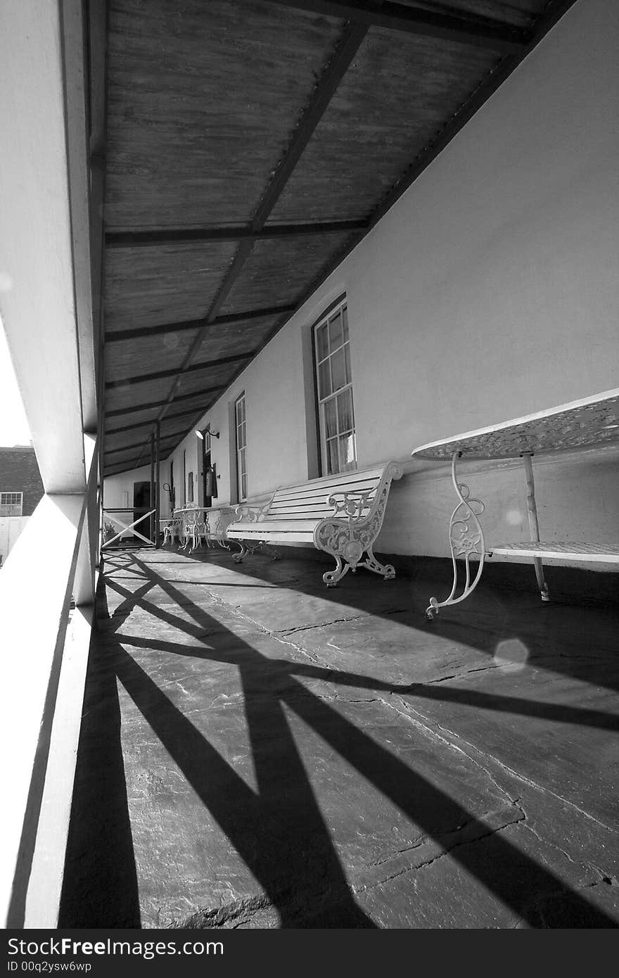 Perspective image of a patio in black and white