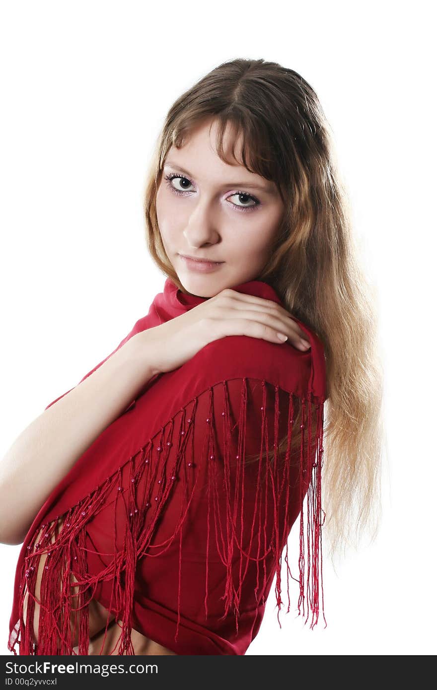 The young attractive girl poses on a white background