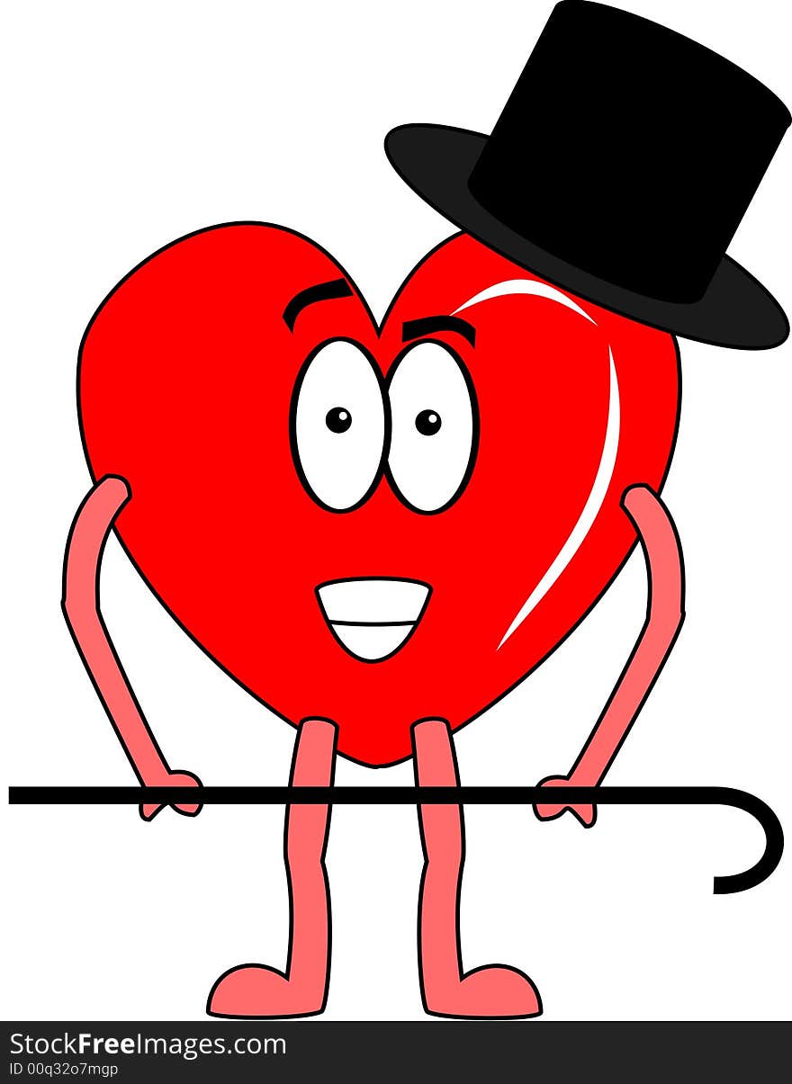 An illustration or a smiling heart with a cane and top hat. An illustration or a smiling heart with a cane and top hat.