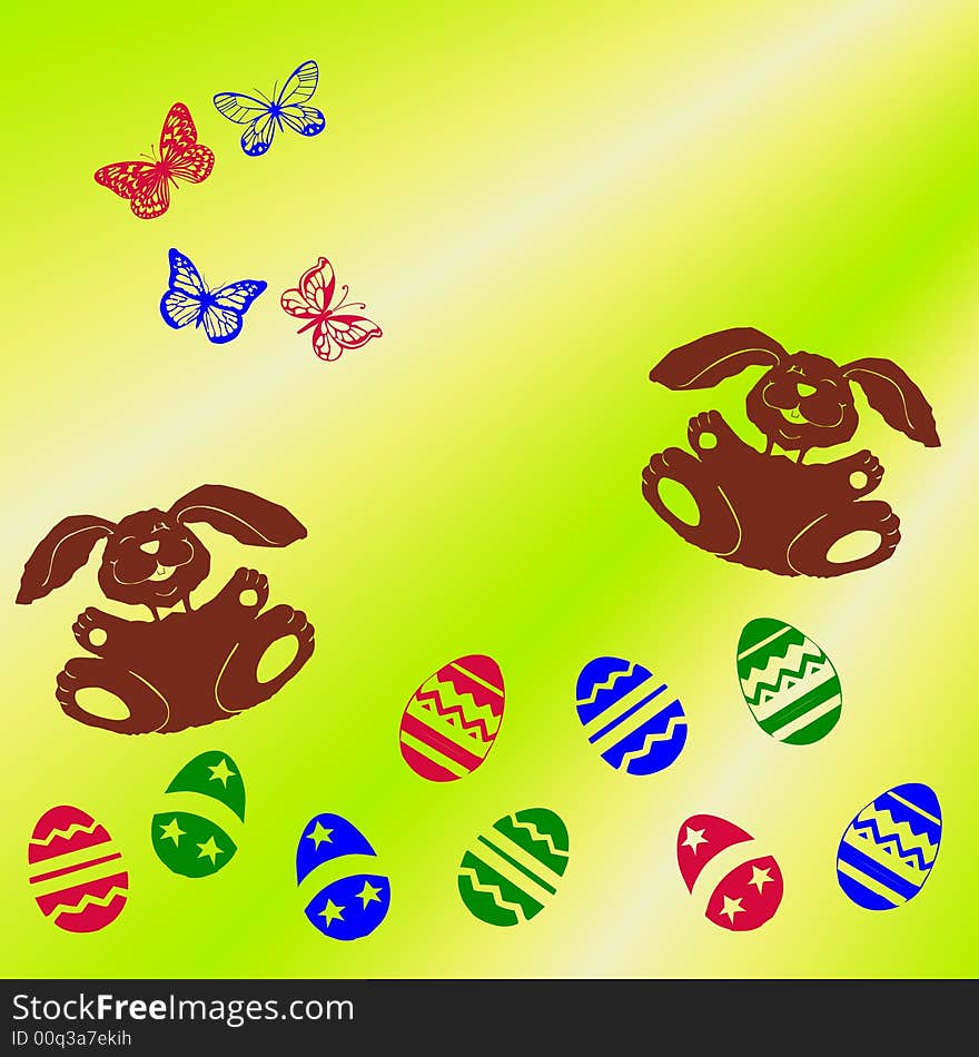 Easter bunnies, coloured eggs and butterflies on a green and yellow background. Easter bunnies, coloured eggs and butterflies on a green and yellow background.