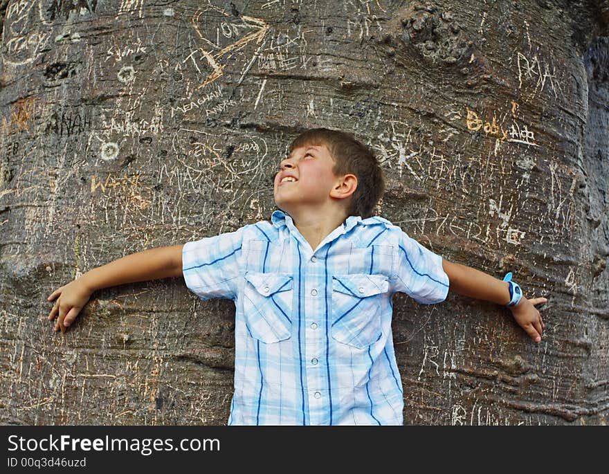 Boy hugging a Tree