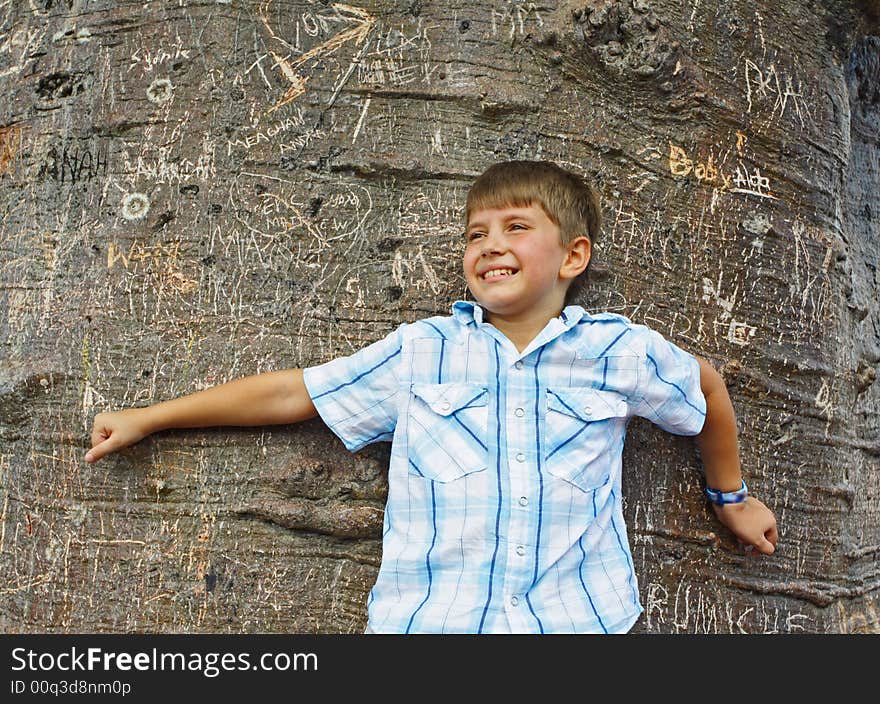 Boy Hugging A Tree